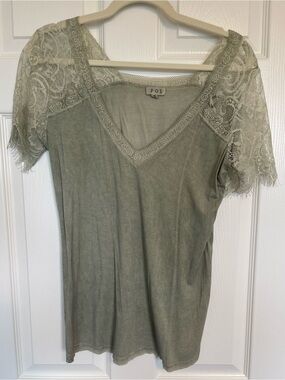 POL Sage Green Lace Sleeve V-Neck Blouse